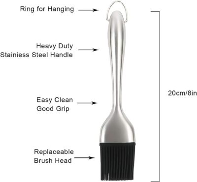 A stainless steel brush with a ring for hanging.