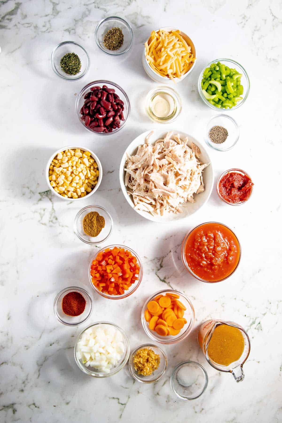 The ingredients for a chicken fajita bowl.