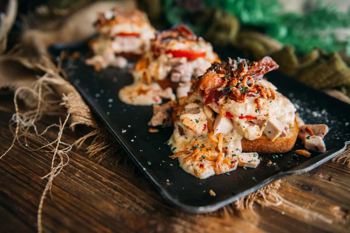 A tray of toasted kentucky hot browns.