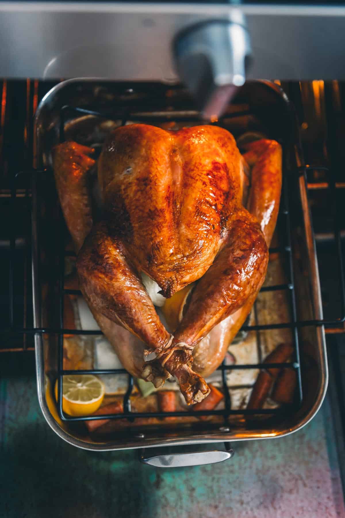 Golden brown glistening turkey coming out of oven.