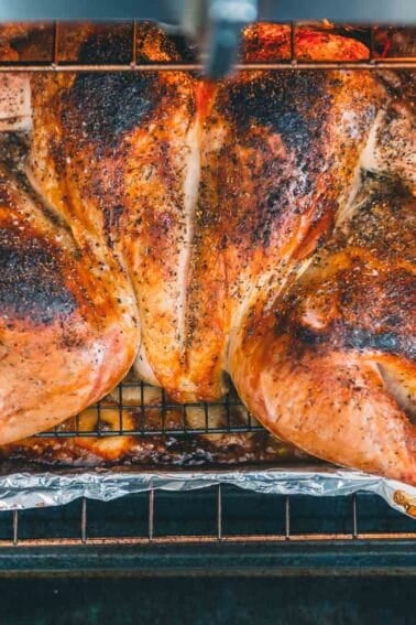 Overhead shot of a golden spatchcocked turkey on a sheet pan coming out of the oven.