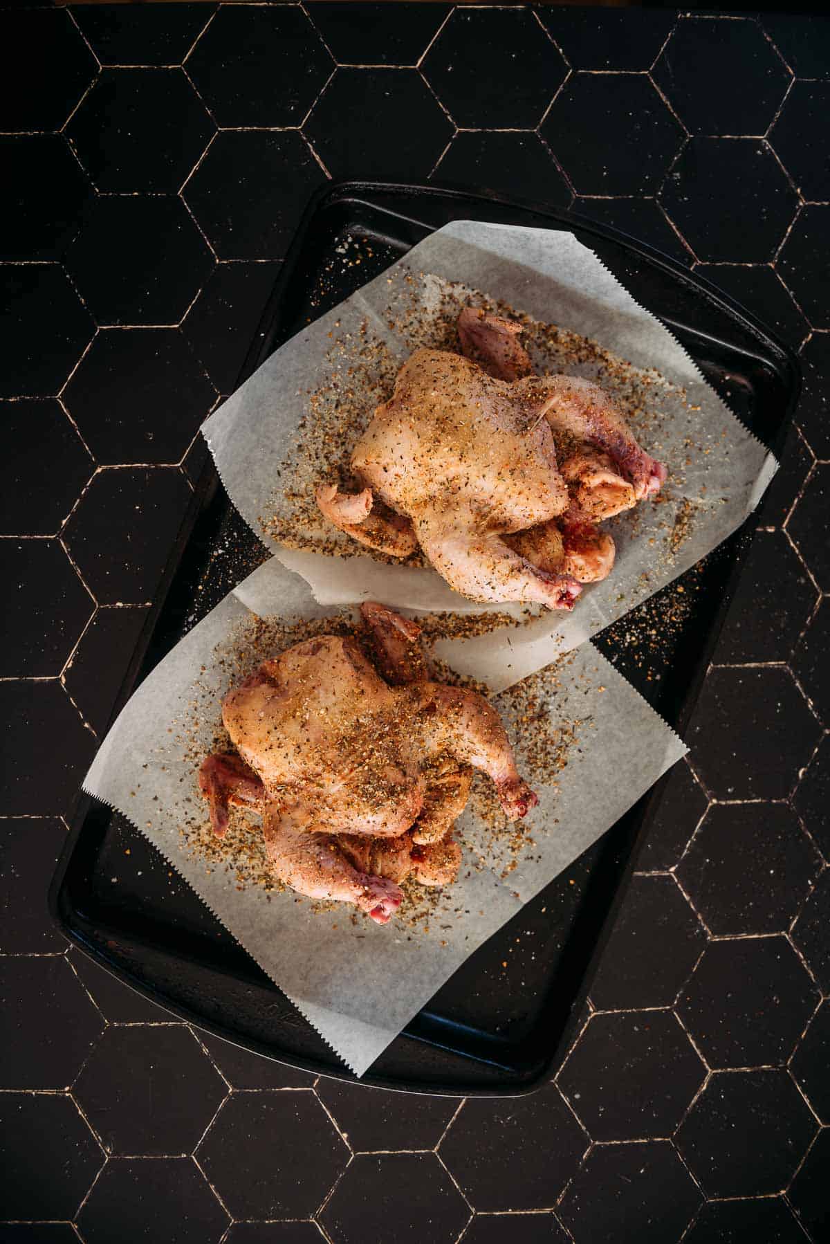 Two cornish game hens on a baking tray.