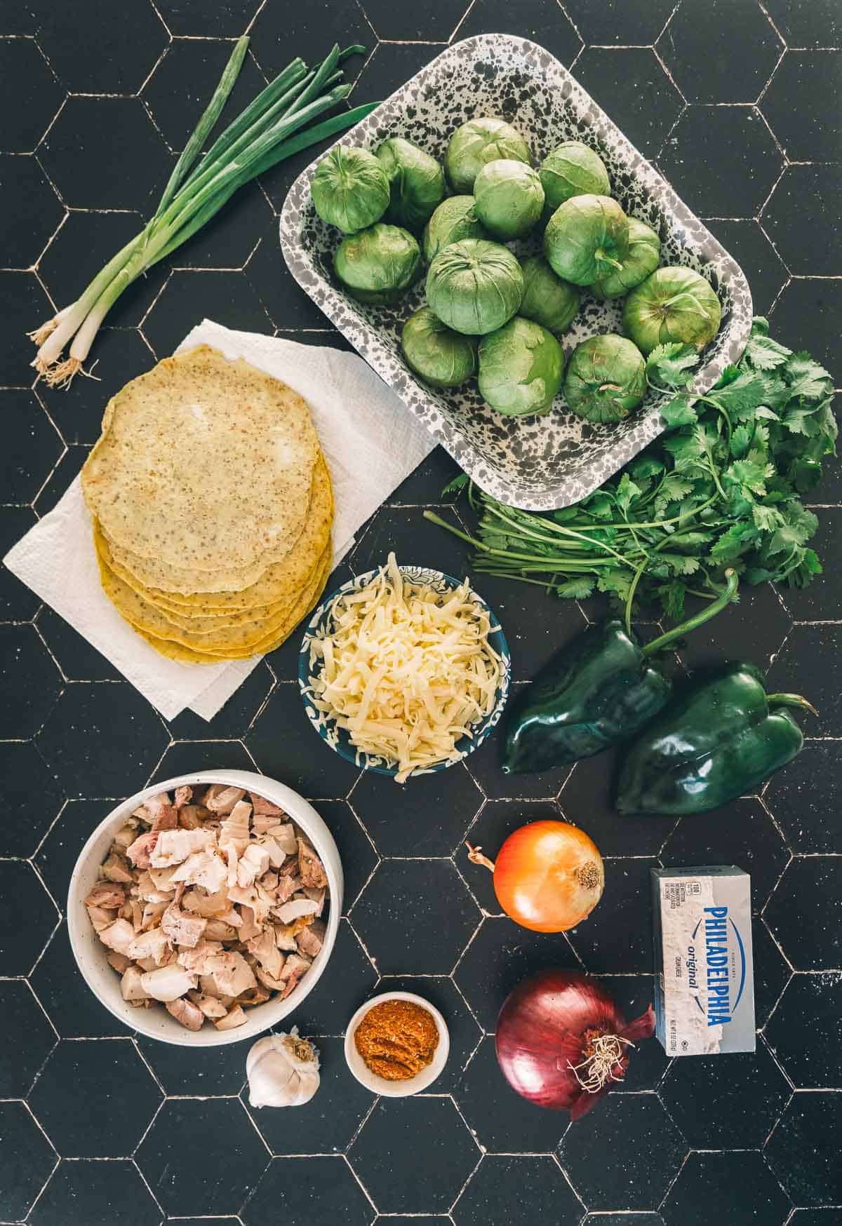 Ingredients for enchiladas verdes.