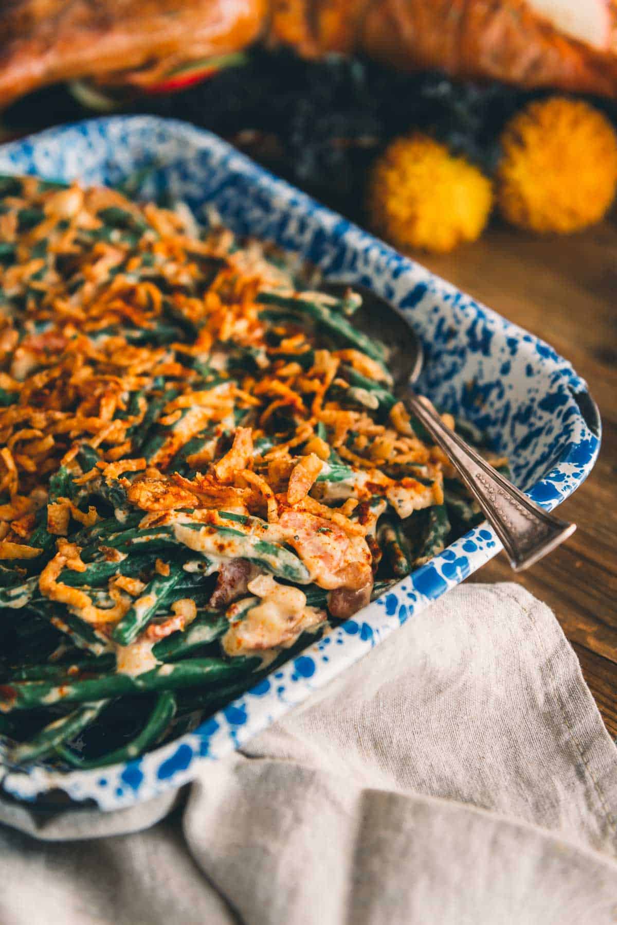 Green bean casserole with crispy onion topping.