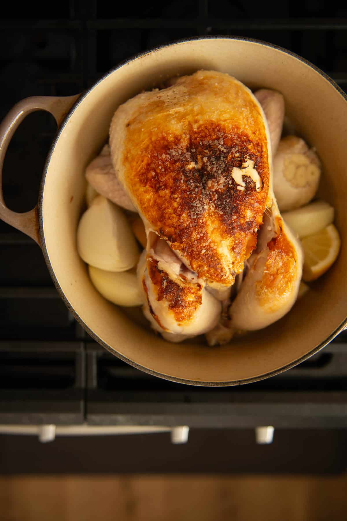 Chicken with skin browned in a Dutch oven on the stove ready to go into the oven.