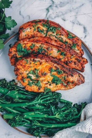 Pork chops and broccoli on a plate.