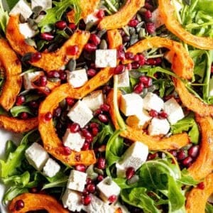 A plate of squash salad with feta and pomegranate.