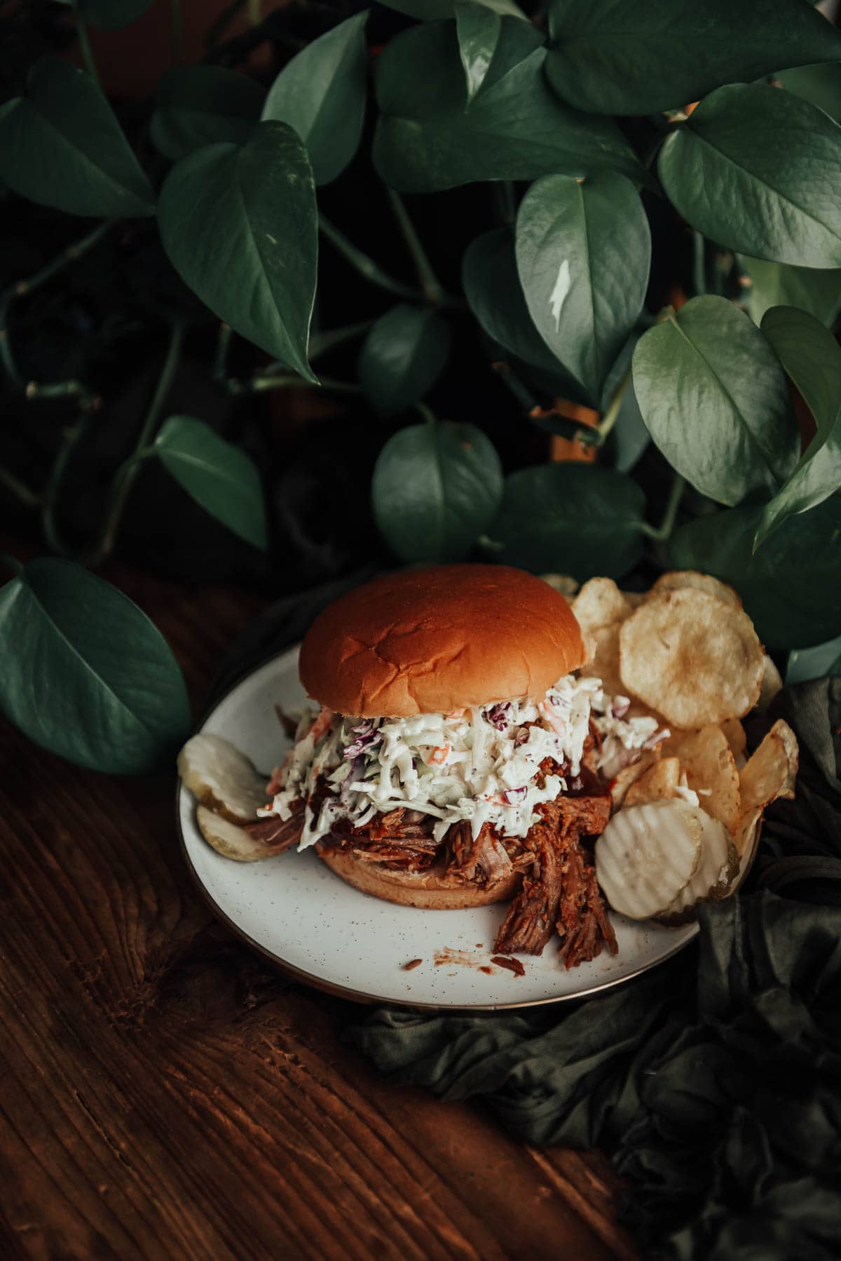 A pulled pork sandwich with coleslaw and potato chips on a plate.