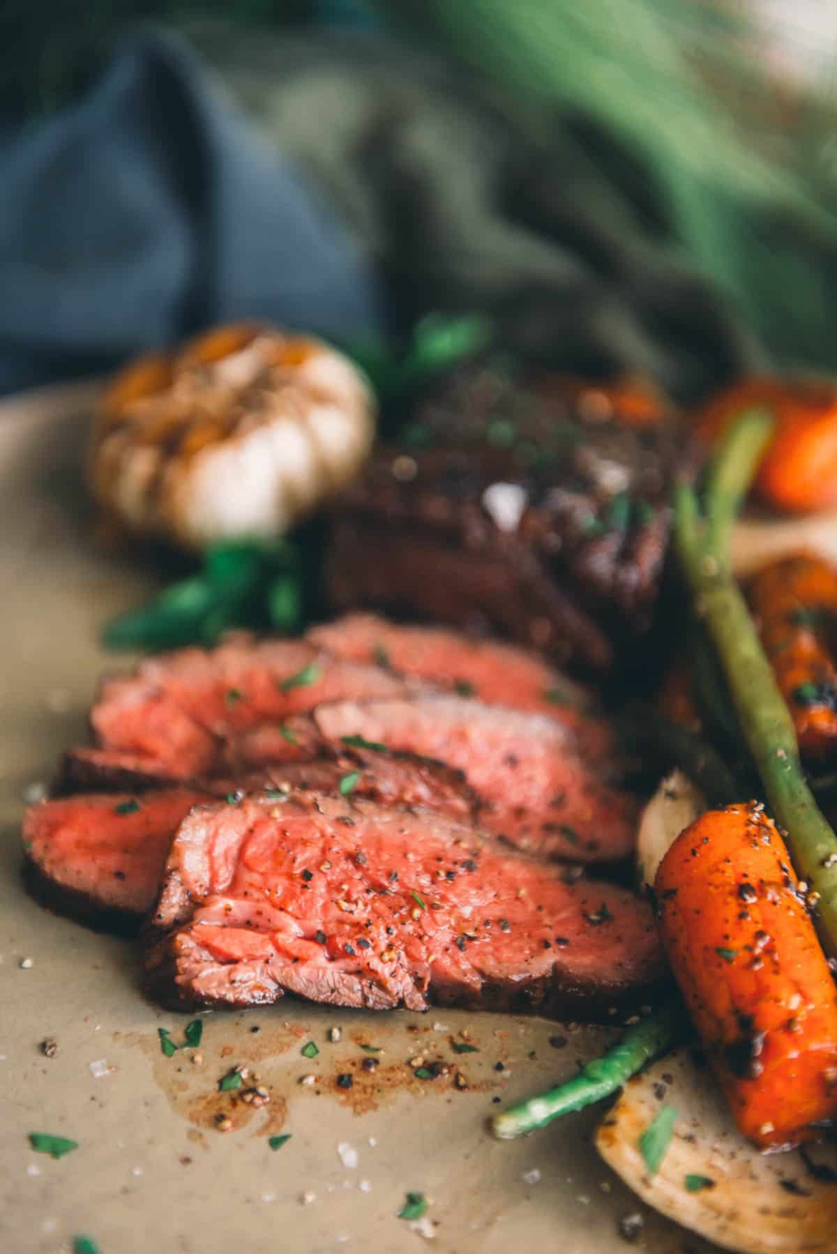 Close up of sliced sous vide denver steak.