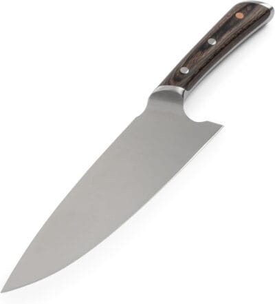 A stainless steel chef's knife with a dark wooden handle, featuring three rivets for reinforcement.