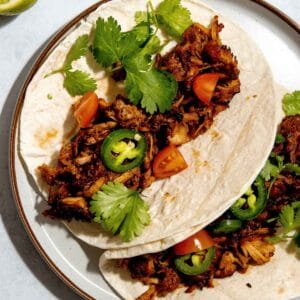 Two tacos on a plate filled with shredded meat, tomatoes, jalapeños, and cilantro. Sliced limes are visible on the side.