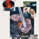 Collage of grilling scenes. Large steak on a grill, meat being dipped in sauce, burger being assembled, and grilled meats on various grills. Text: "Father's Day - The Perfect Grill Gifts for Dad.