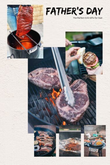 Collage of grilling scenes. Large steak on a grill, meat being dipped in sauce, burger being assembled, and grilled meats on various grills. Text: "Father's Day - The Perfect Grill Gifts for Dad.
