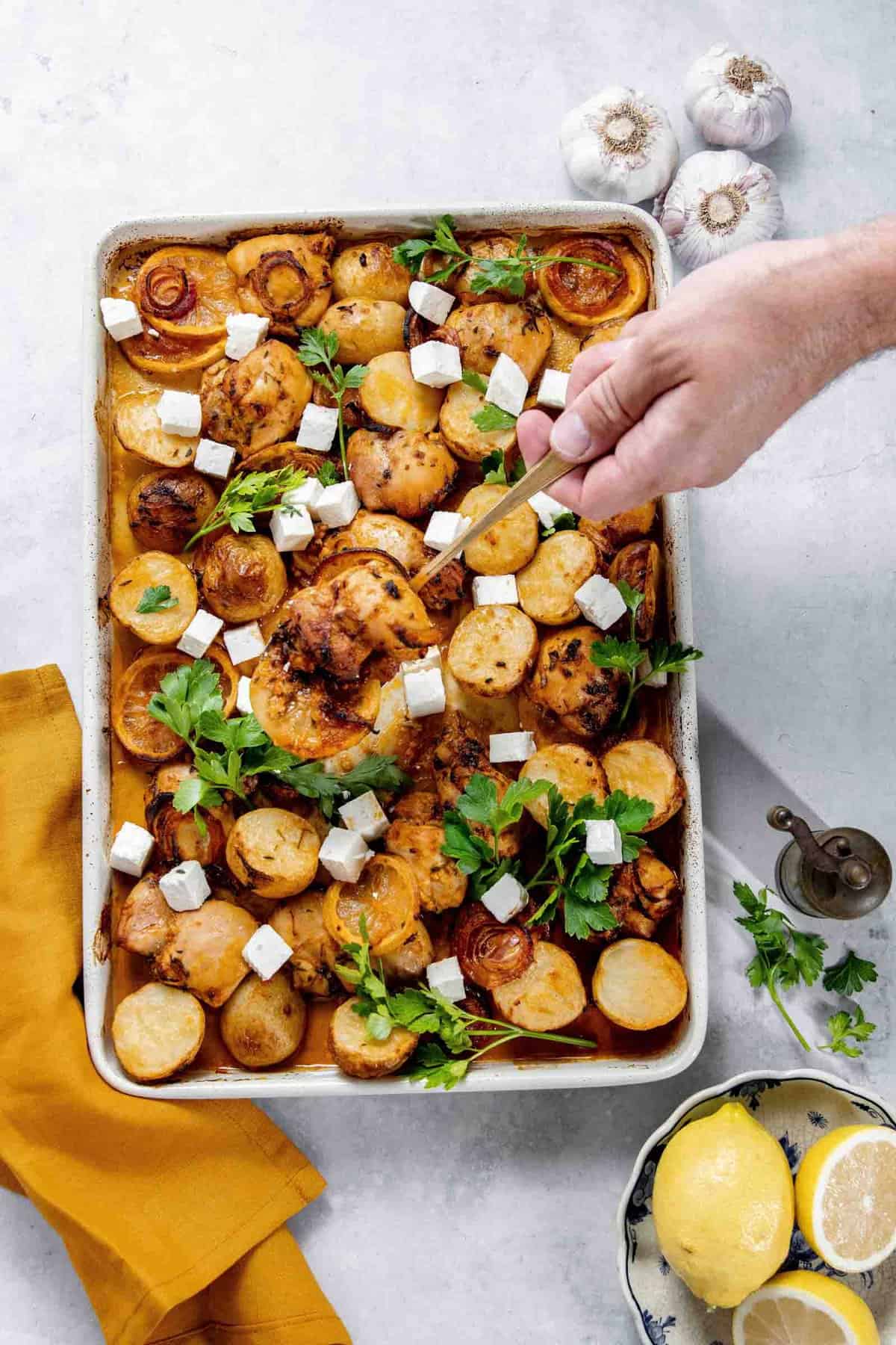 A hand holding a spoonful of roasted chicken and potato dish topped with herbs and cubes of cheese, placed in a baking sheet on a white surface, surrounded by garlic, lemon, and spices.