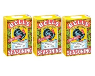 Three packages of Bell's Seasoning, each weighing 1 oz, with yellow and red packaging featuring a blue bird and text indicating the product is "all natural" and "salt free.