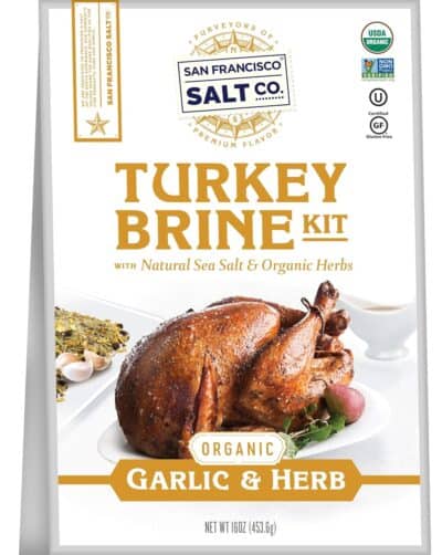 Image of a San Francisco Salt Co. Turkey Brine Kit box. The box is labeled "Organic Garlic & Herb" and includes natural sea salt and organic herbs. The net weight is 16 oz (453.6 g).