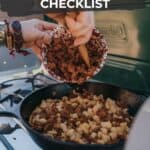 Pinterest image for how to set up a camp kitchen and checklist.