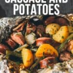 Pinterest image for foil pack sausage and potatoes.