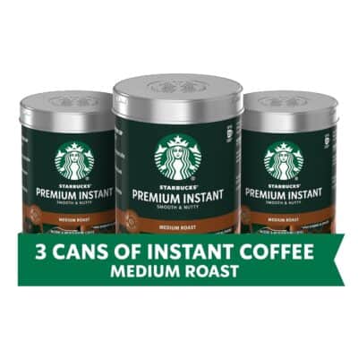 Three cans of Starbucks Premium Instant Medium Roast coffee, perfect for your camp kitchen. Text below reads "3 Cans of Instant Coffee Medium Roast.