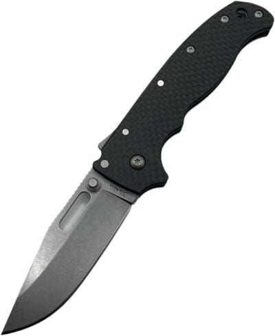 A folding knife with a black textured handle and a metallic blade, ideal for the camp kitchen, shown in a partially open position.