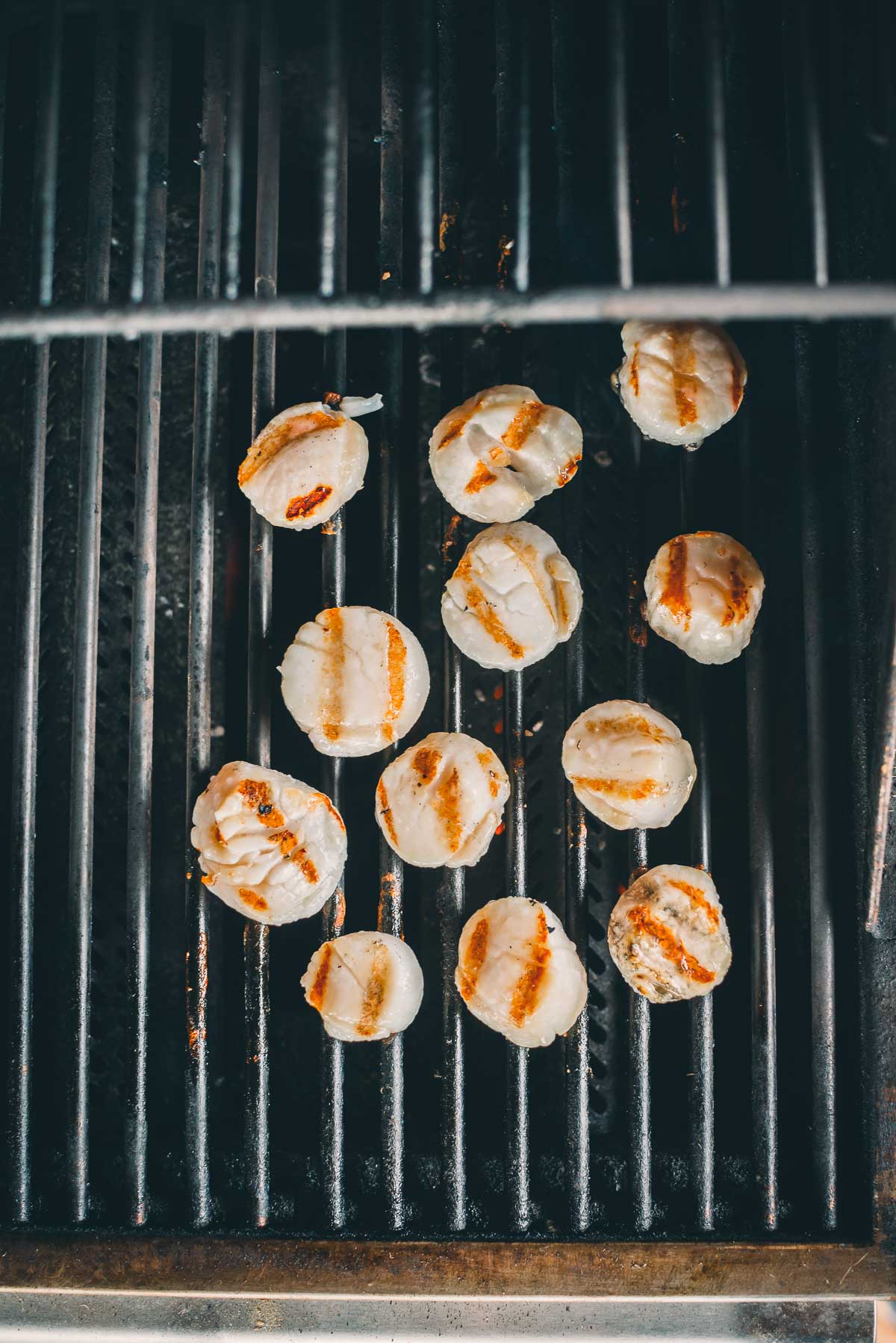 Scallops with grill marks cooking on a barbecue grill.