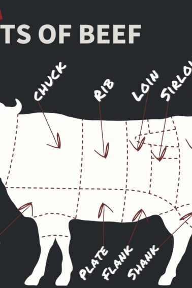 A diagram of beef cuts with labels pointing to different sections on a cow silhouette, including brisket, chuck, rib, plate, flank, shank, loin, sirloin, and round.