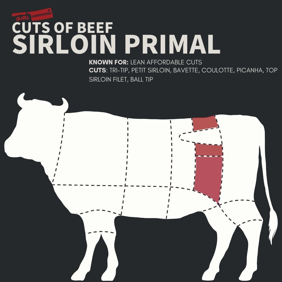 Diagram illustrating cuts of beef from the sirloin primal section of a cow, including tri-tip, petit sirloin, bavette, coulotte, picanha, top sirloin filet, and ball tip.