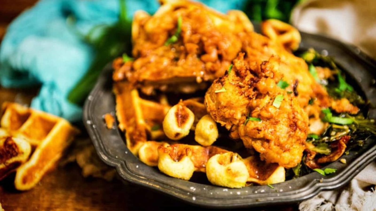 A plate of fried chicken on waffles, garnished with herbs.