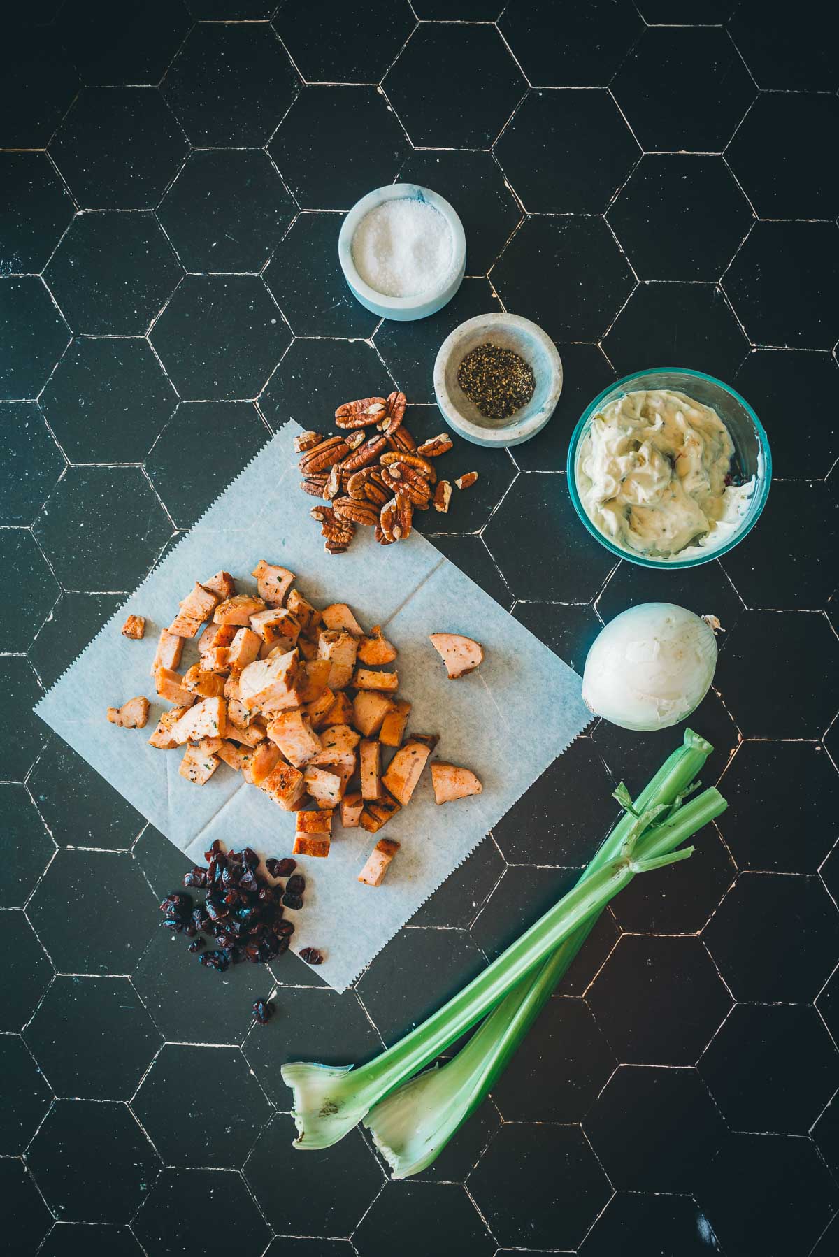 Ingredients on a black tile surface: diced turkey, pecans, cranberries, celery, mayonnaise, an onion, and small bowls of salt and pepper.