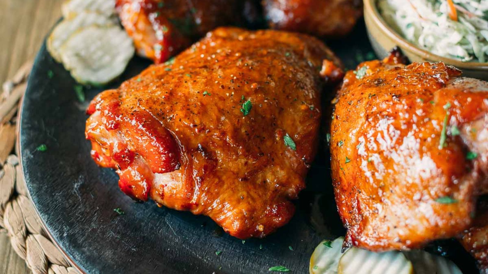 Barbecued chicken thighs on a plate with pickles and a side of coleslaw.