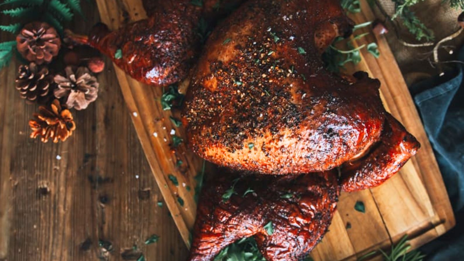 Roasted turkey legs and thighs seasoned with herbs on a wooden cutting board, surrounded by pinecones and greenery.