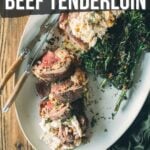 Pinterest image for crab stuffed beef tenderloin.