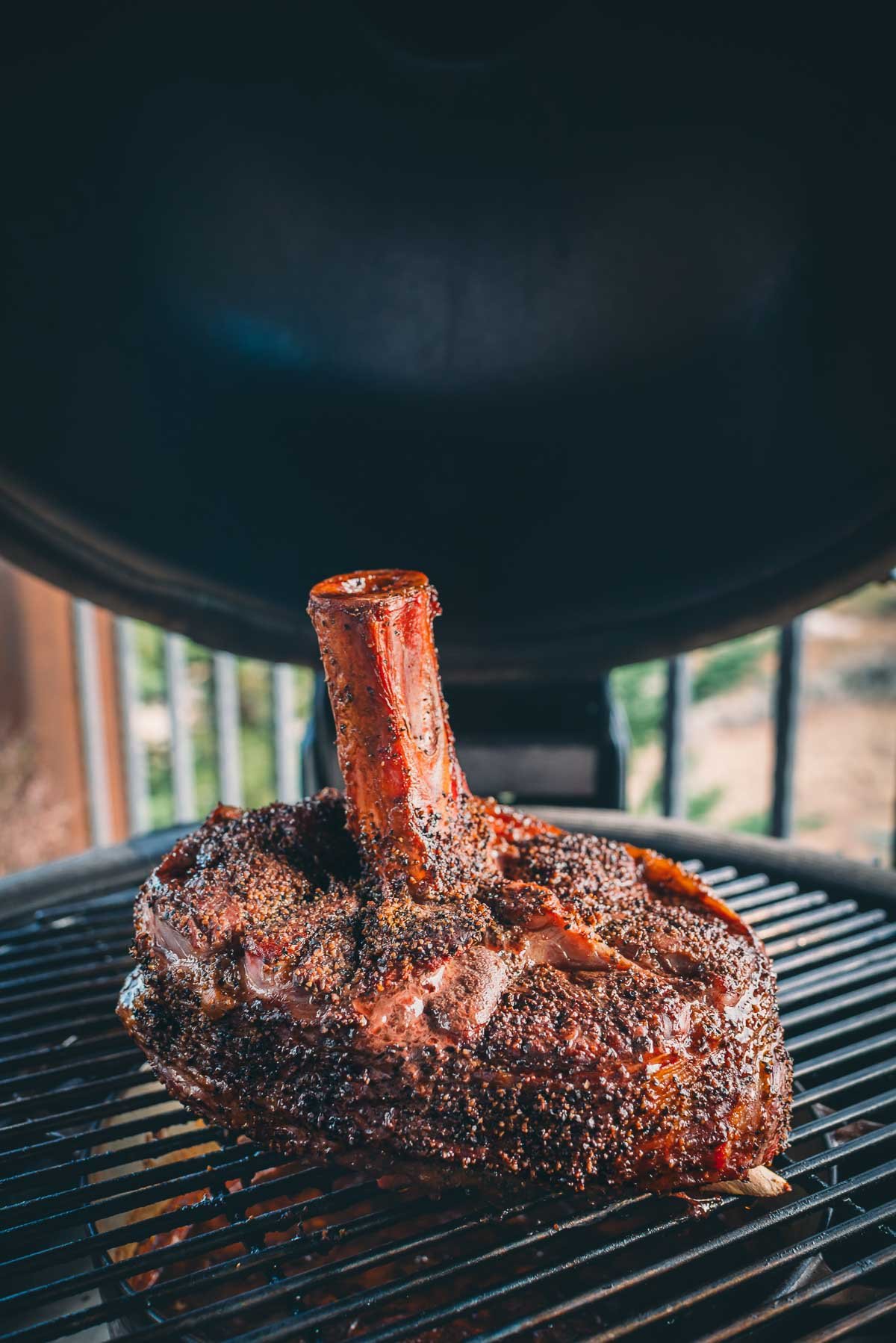 A large, seasoned beef shank is being grilled on a barbecue with the lid open.