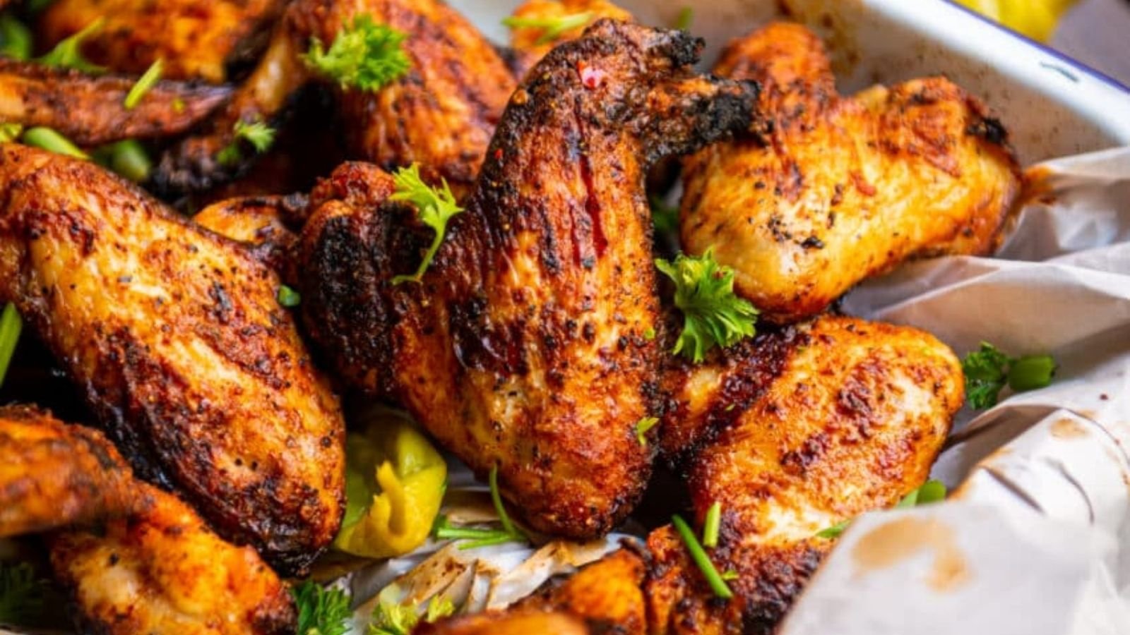 Grilled chicken wings with a crispy skin, garnished with parsley, and served with yellow pepper slices on parchment paper.