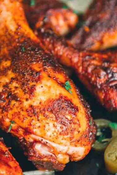 Close-up of seasoned and roasted chicken drumsticks with garnish.