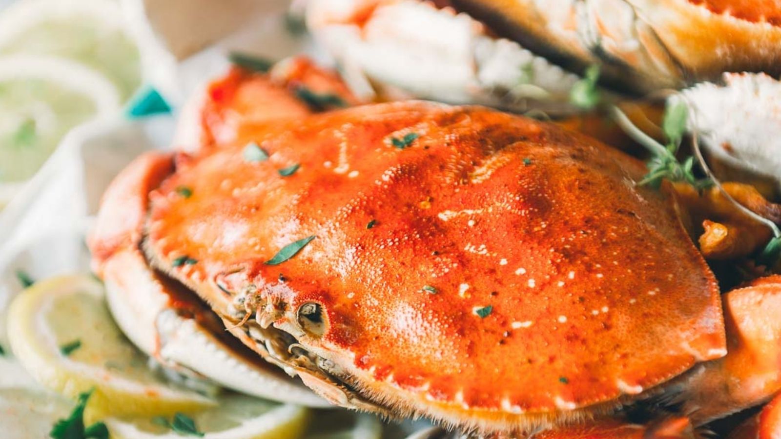 Close-up of a cooked crab garnished with herbs, surrounded by lemon slices.