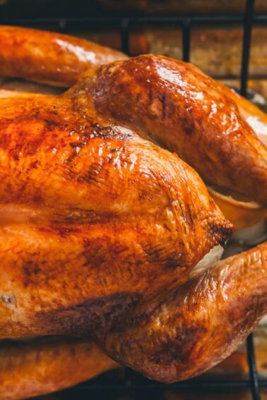 A whole roasted turkey on a rack in a baking pan, with a golden-brown skin. Lemons and vegetables are placed around it.