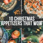 Collage of Christmas appetizers: smoked salmon on toast, shrimp skillet, bacon-wrapped bites, and skewers. Text overlay: "10 Holiday Appetizers That Wow. Get the full recipe for these festive Christmas appetizers on GirlCarnivore.com".