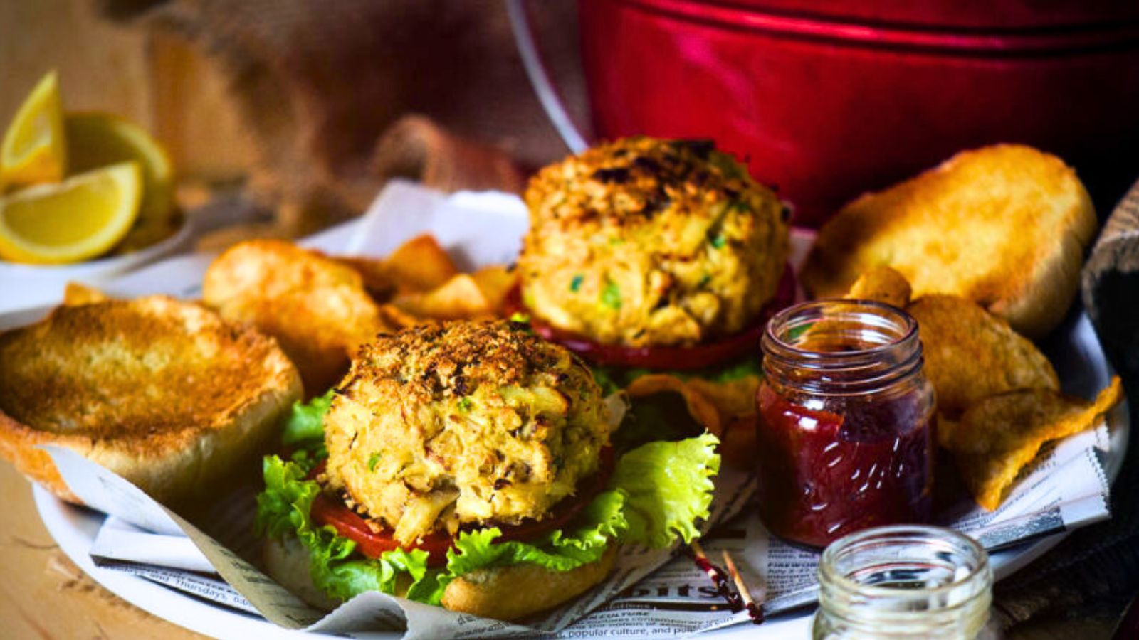 Two crab cake burgers with lettuce and tomato on a bun, served with potato chips and small jars of sauce. Lemon wedges are in the background.