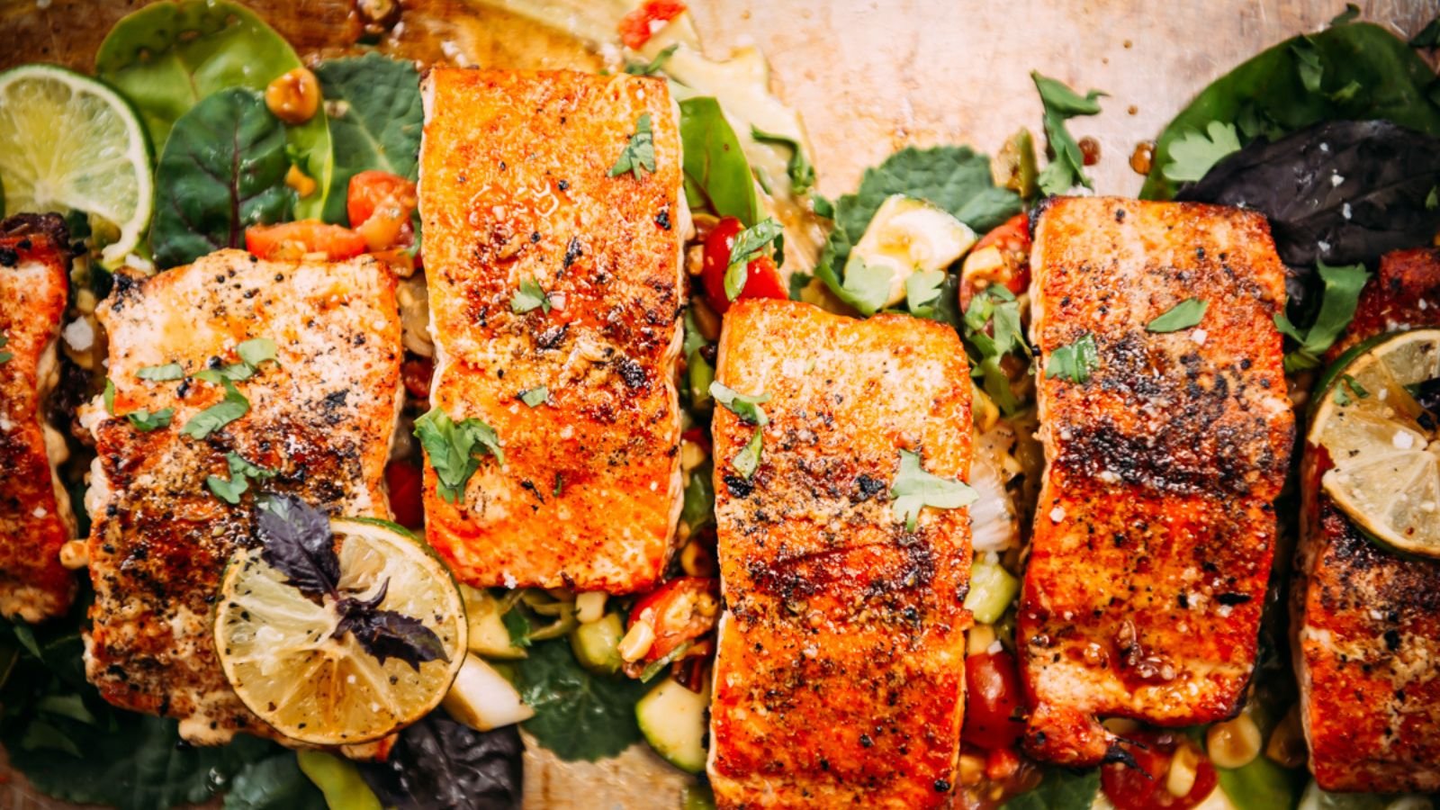 Grilled salmon fillets garnished with herbs and lime slices on a bed of vegetables and leafy greens.