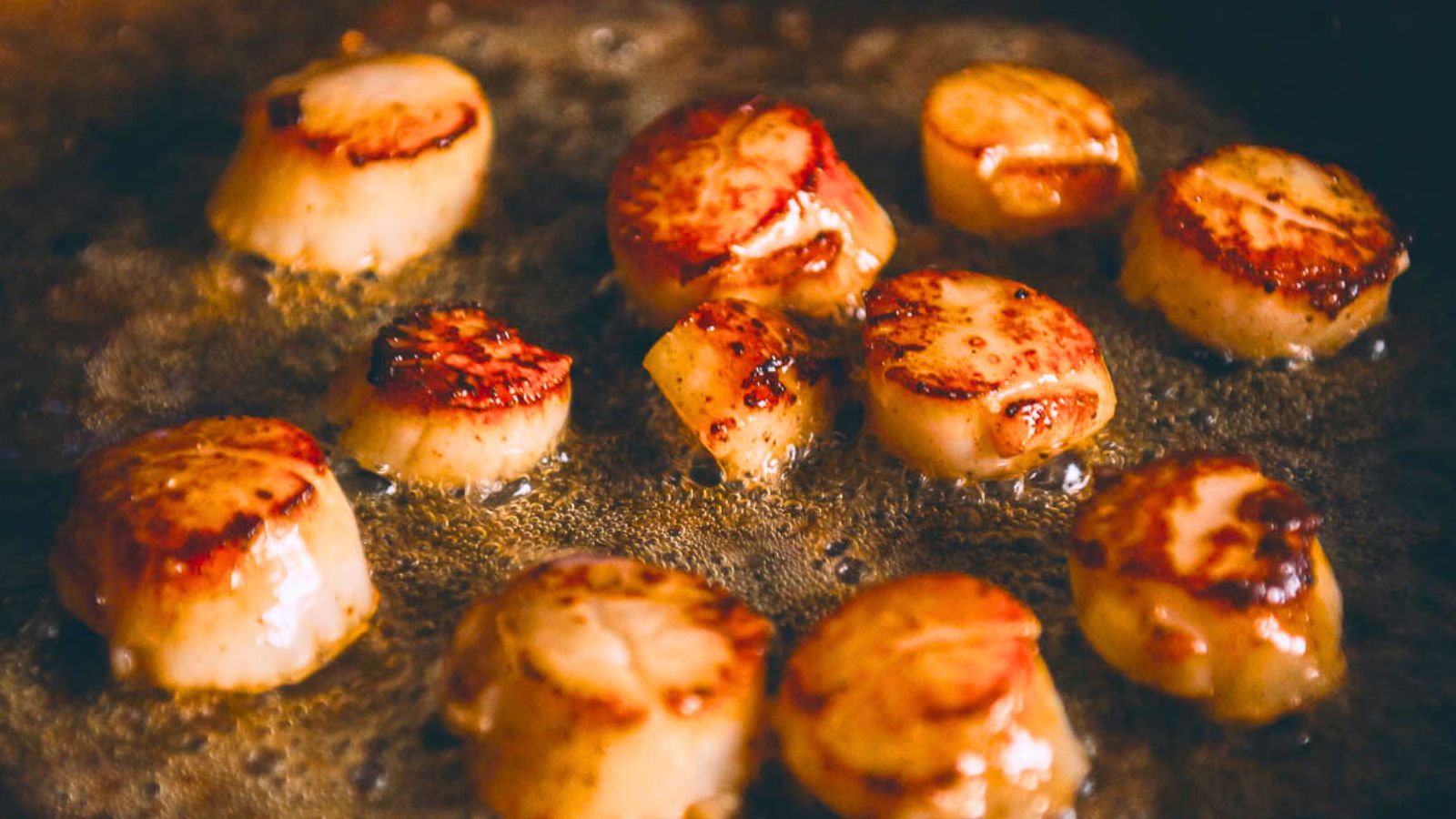 Scallops searing in a pan, showcasing a golden brown crust.