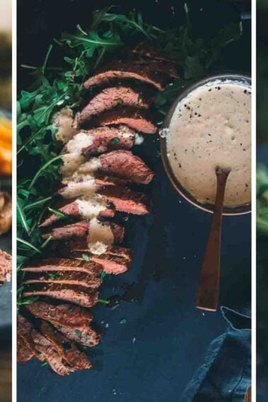 Three images of sliced steak served with the best sauces for beef tenderloin, accompanied by sides like mushrooms and fries. The steak appears medium rare, garnished with fresh herbs.