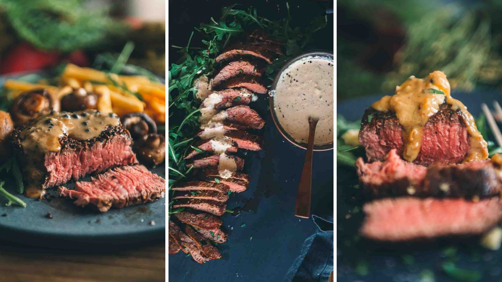 Three images of sliced steak served with the best sauces for beef tenderloin, accompanied by sides like mushrooms and fries. The steak appears medium rare, garnished with fresh herbs.