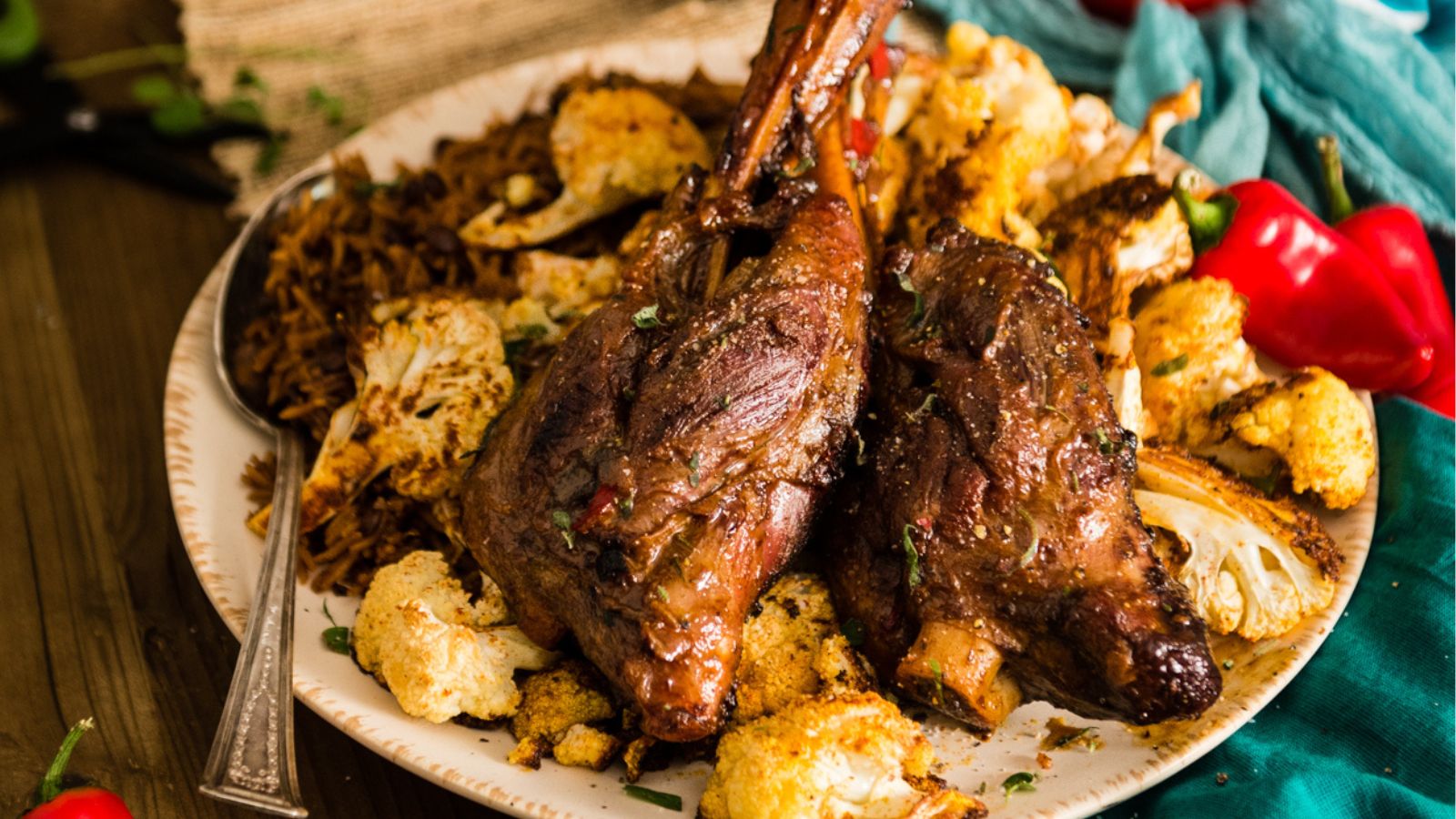 A plate with roasted lamb shanks, surrounded by roasted cauliflower and rice, garnished with herbs.