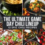 A collage of various chili dishes in bowls, showcasing toppings like green onions, cheese, and sour cream. Text overlay reads: "The Ultimate Game Day Chili Lineup: 12 Epic Chili Recipes to spice up your gathering.