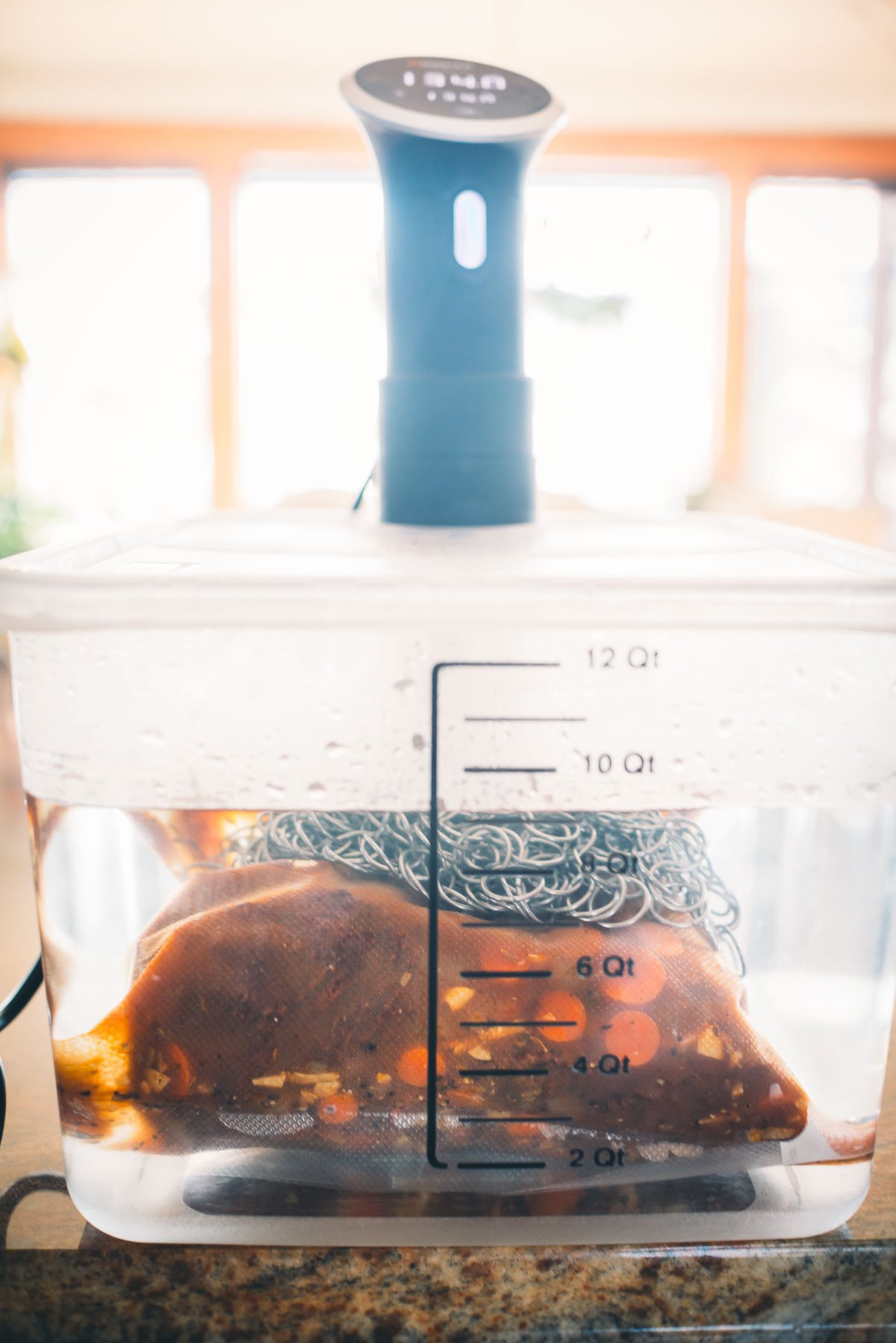 Sous vide machine cooking food in a water bath, container marked with measurements up to 12 quarts, bagged ingredients visible underwater.