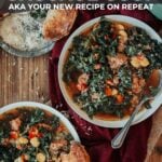 Pinterest image: Two bowls of kale and sausage soup on a table with bread on the side.