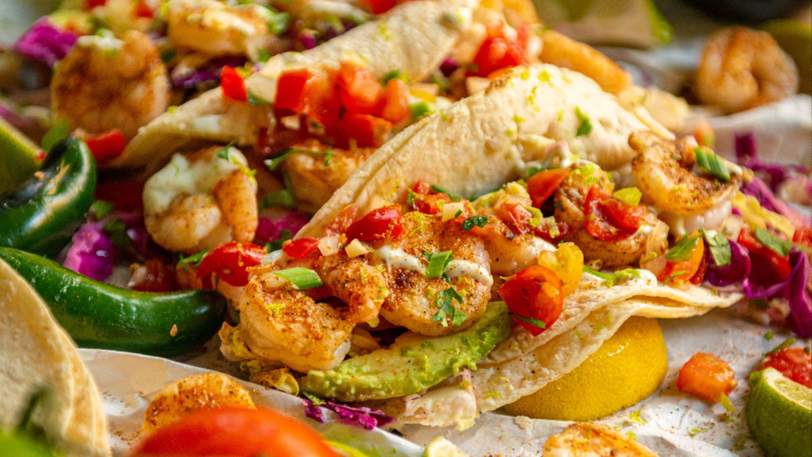 Close-up of shrimp tacos filled with avocado, diced tomatoes, red cabbage, and green onions. Surrounded by jalapeños and lime wedges.