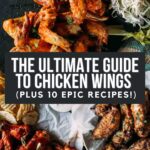 A variety of chicken wings on a table with chips and greens. Text reads: "The Ultimate Guide to Chicken Wings (Plus 10 Epic Recipes!).