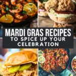 A vibrant collage of Mardi Gras recipes highlights mouthwatering dishes like shrimp, sandwiches, and burgers topped with pickles and coleslaw. Text on image: "Mardi Gras Recipes to Spice Up Your Celebration.